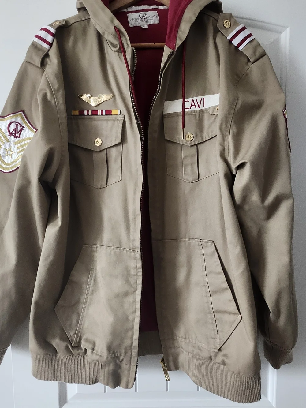 Men's Khaki Hooded Jacket with Burgundy Lining